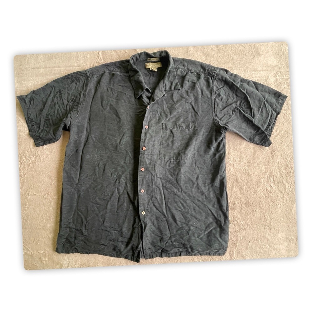 Cabana XL 100% Silk Hawaiian Camp Shirt Black Short Sleeve Button Front
